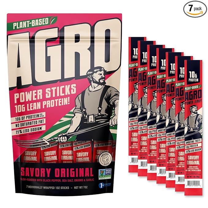 AGRO POWER Vegan Jerky Sticks, Savory Original Plant-Based, 7 Stick Bag with 10g Protein, Non-GMO, 40% Less Sodium, Zero Cholesterol, Meat Alternative, High Protein Snack for Lunch, On-the-Go Fuel