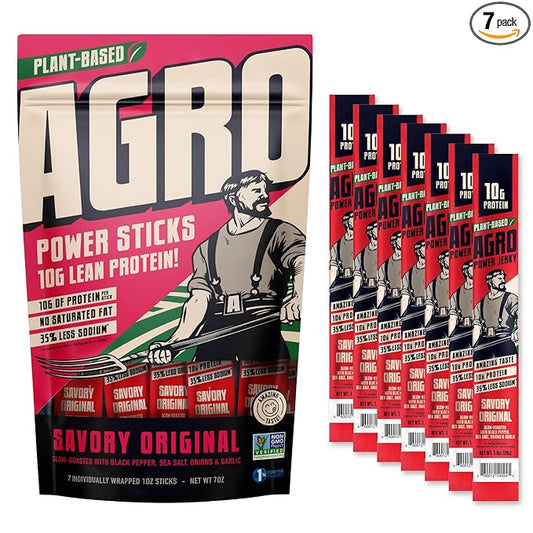 AGRO POWER Vegan Jerky Sticks, Savory Original Plant-Based, 7 Stick Bag with 10g Protein, Non-GMO, 40% Less Sodium, Zero Cholesterol, Meat Alternative, High Protein Snack for Lunch, On-the-Go Fuel