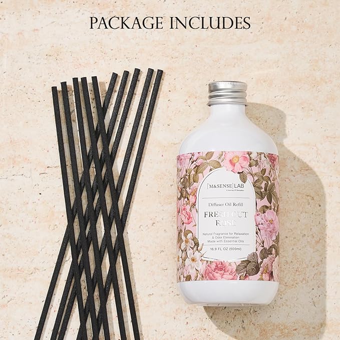 M&SENSE Reed Diffuser Oil Refill, 16.9oz (500ml) with 10 Reed Sticks, Fresh Cut Rose Scent Home Fragrance, Scented Oil Refills, Natural Essential Oils for Diffusers, Home Décor for Home Spa Office