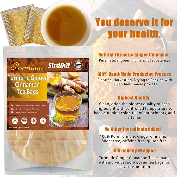 Turmeric Ginger Cinnamon Tea Bags - 120 Teabags Premium Turmeric Ginger Herbal Tea, Curcuma Teas Bag Hand-made Blend, 100% Natural & No Additives & Caffeine Free (120 Count)