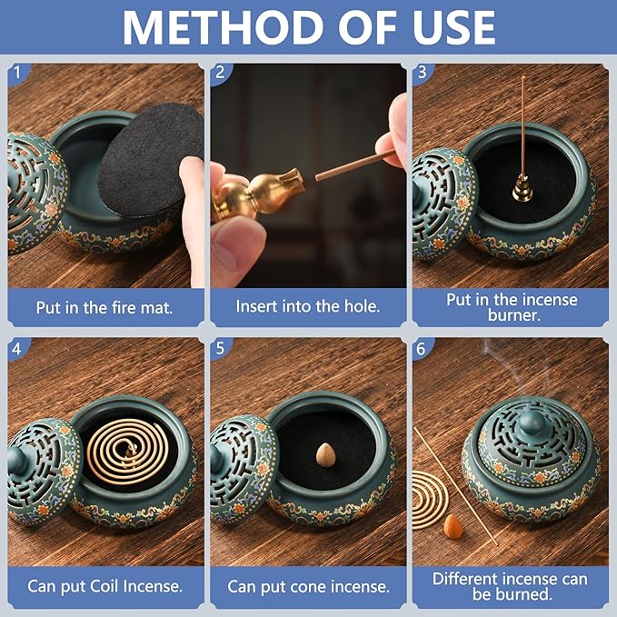 Ceramic Incense Burner with Incense Holder+ Fireproof Cotton,Handmade Smudging Burn Bowl for Stick or Coil Incense,Sage Cones,Frankincense and Mosquito Incense (Enamel)