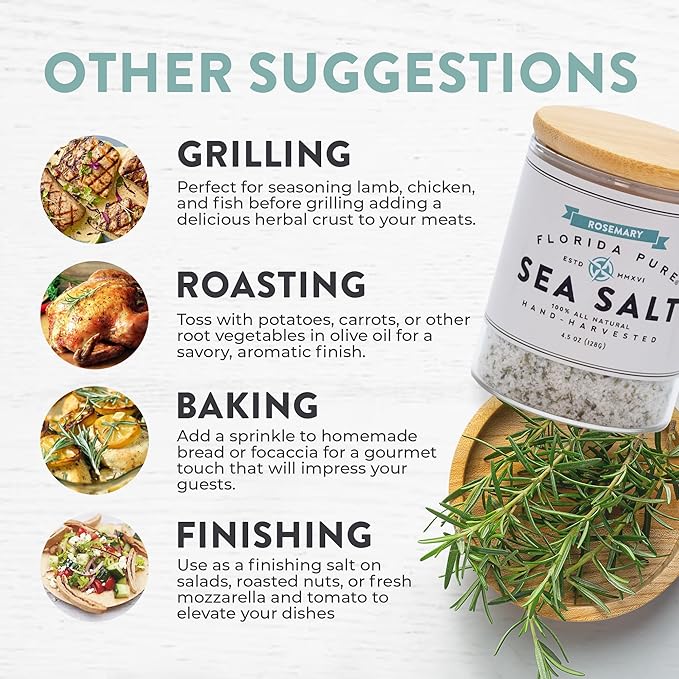 FLORIDA PURE Rosemary Sea Salt - 80+ Mineral Sea Salt, Natural, Unrefined, Non Iodized - for Baking, Cooking, Seasoning & Enhancing Taste - Hand-harvested Flaky Sea Salt (4.5 oz Jar)