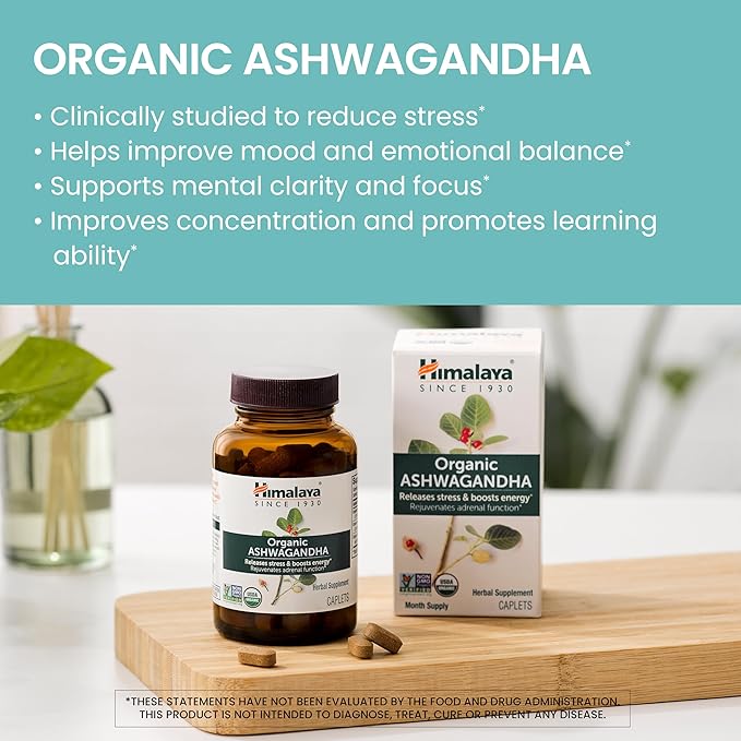 Himalaya Organic Ashwagandha, 60 Day Supply, Herbal Supplement for Stress Relief, Energy Support, Occasional Sleeplessness, Organic, Non-GMO, Vegan, Gluten Free, 670 mg, 60 Caplets