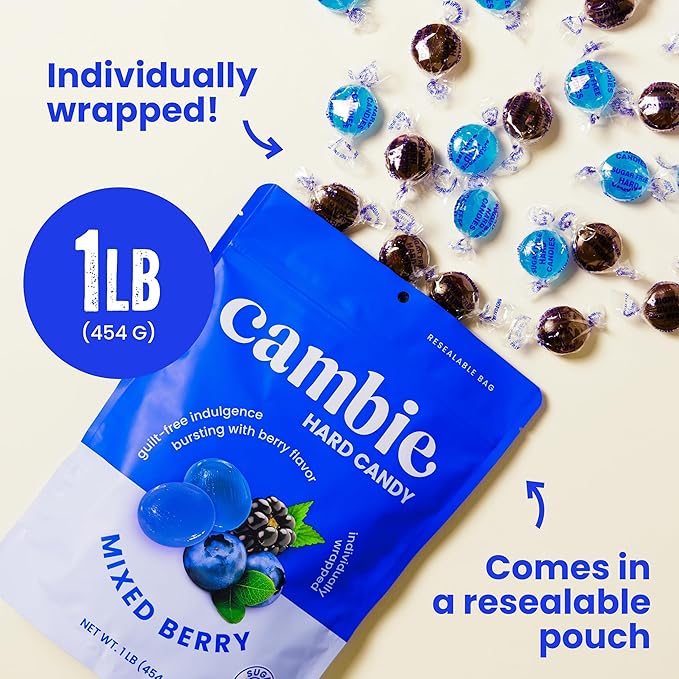 Cambie Sugar Free Mixed Berry Hard Candy - 1 Pound of Individually Wrapped Sugar Free Hard Candy, Berry Burst with Blueberry & Blackberry Flavor, Keto & Diabetic Friendly