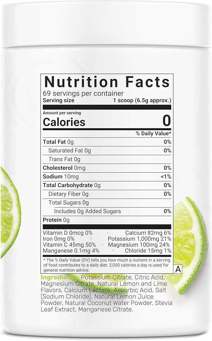 Electrolytes Powder, 1lb (69 Servings) – No Sugar, Lemon Lime – Hydration Supplement Drink Mix – High Potassium 1,000mg Per Serving, Manganese & Magnesium – Natural Hydration & Energy – Keto Friendly