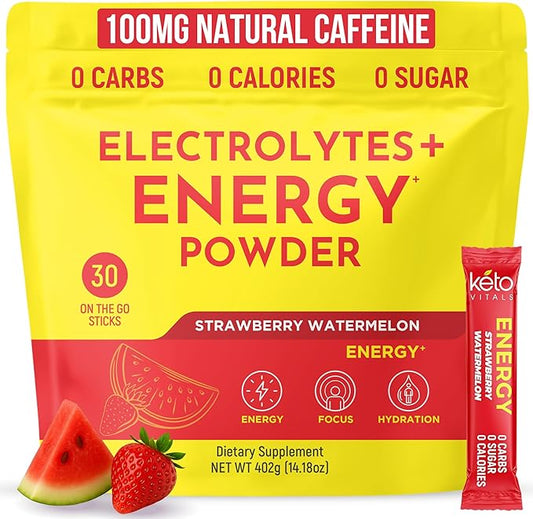 Keto Vitals Electrolyte Energy Drink Powder Packets - Electrolyte Supplement for Energy and Rehydration - Strawberry Watermelon Keto Powder Packets, 30 Count