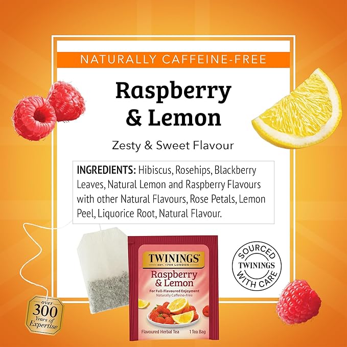 Twinings Raspberry & Lemon Herbal Tea Individually Wrapped Bags, 20 Count (Pack of 1), Unsweetened, Refreshing & Fruity, Naturally Caffeine-Free, Enjoy Hot or Iced, 20 Teabags