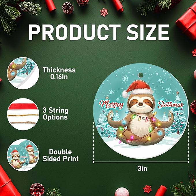 34HD 2.9" Ceramic Hanging Ornament for Christmas Tree, Lightweight Both Sides Printed Flat Ornament, Christmas Decoration, Sloth