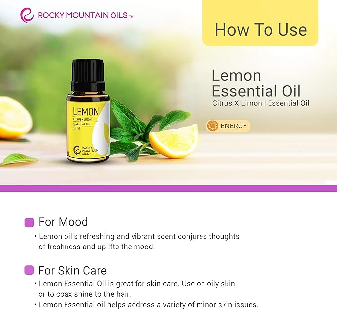 Rocky Mountain Oils Lemon Essential and Natural Aromatherapy Essential Oils for Diffuser, Topical, and Home - 15ml