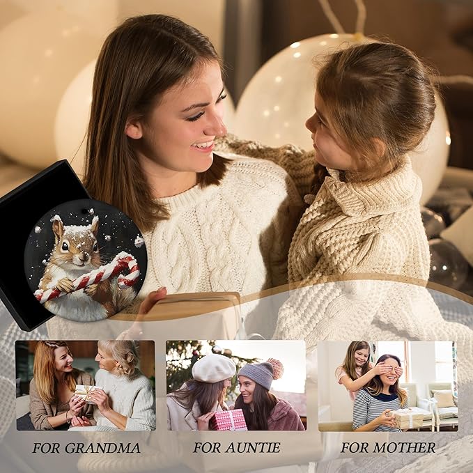 Christmas Squirrel Ceramic Ornament Gifts, Retro Rustic Winter Christmas Squirrel Decorative Hanging Ornaments for Xmas Tree Holiday Party Decoration, Animal Xmas Tree Decorations