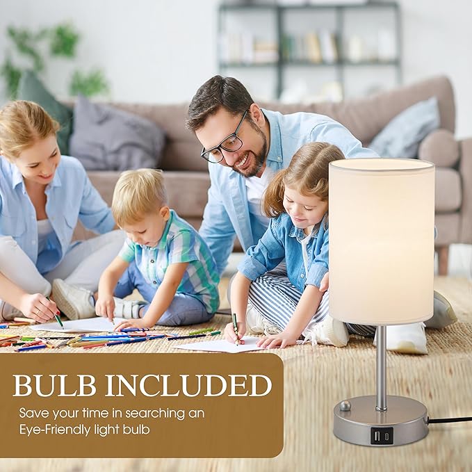 Briever Touch Control Table Lamp for Bedroom, 3-Way Dimmable Nightstand Lamp with USB Charging Ports, Bedside Desk Lamp with Silver Base Phone Stand & Linen Fabric Shade, Bulb Included