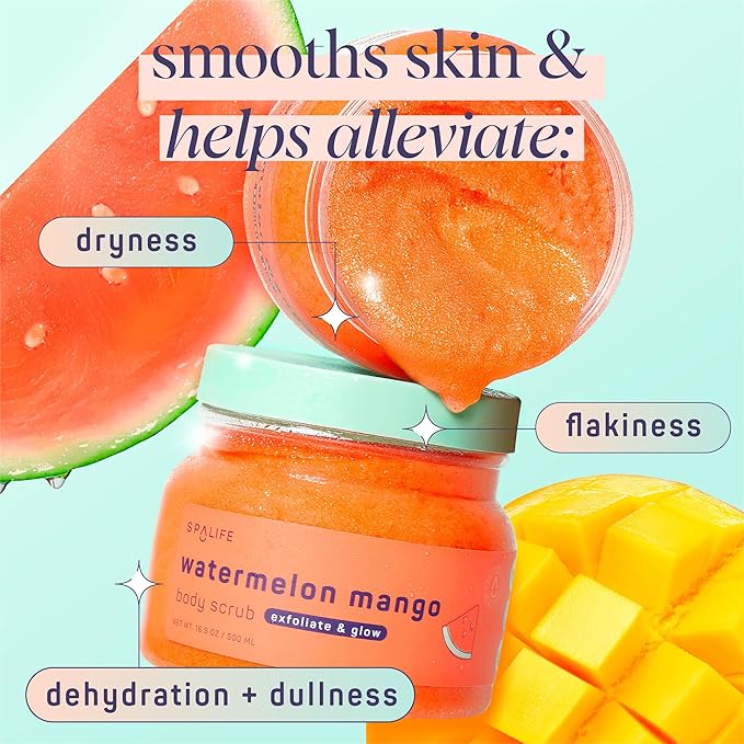 SpaLife Beauty Watermelon Mango Exfoliating Body Scrub 2 Pack – Sugar Scrub Glowing & Moisturized Skin – Fruit Extracts Natural Sugar Base – Watermelon & Mango Summer Scents – Safe for Sensitive Skin