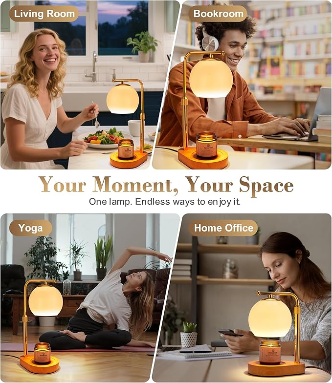 Ivory Glass Candle Warmer Lamp with Adjustable Height Dimmer and 2 4 8 Hour Timer Includes Scented Candle and 2 Bulbs Dark Wood Base for Cozy Bedroom Living Room Spa