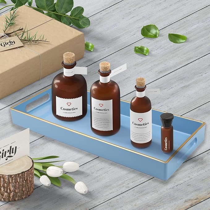 Blue Bathroom Vanity Tray for Countertop, Small Plastic Toilet Tank Versatile Storage & Organization Tray for Makeup, Perfume, Desk, Kitchen, Candles, 13.7"x6"x1.4", 35BL