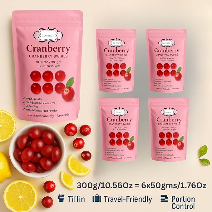 Confect Cranberry Swirls Fruit Gummies – Vegan Candy – 6 Packs x 1.76 oz – Gluten-Free, No Corn Syrup, Semi-Circle Shape