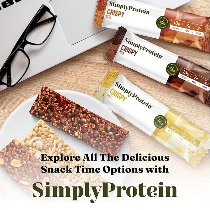 Simply Protein - Peanut Butter Chocolate Crispy Bars - Plant Based Protein Bars - Low Carb, Low Sugar, High Fiber - 13g Protein, 2g Sugar, 7g Fiber - Vegan, Gluten Free, Non GMO, Kosher - 24 Bars