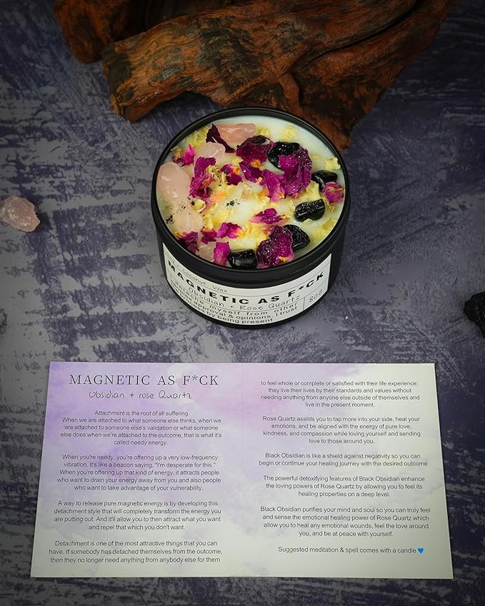 Magnetic AS F*CK Detachment Grounding Quartz Obsidian Protection Magic Attraction Manifestation Crystal Self Love Ritual Meditation Hande Made Chakra Candle(8oz).
