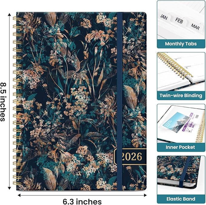 2026 Planner, Monthly and Weekly Calendar Planner for Women, January 2026 - December 2026, Hardcover Pretty 2026 Agenda Planner Book with Tabs, Spiral Bound, Perfect for School Office Home Supplies, 6.3" x 8.5" - Royal Flowers