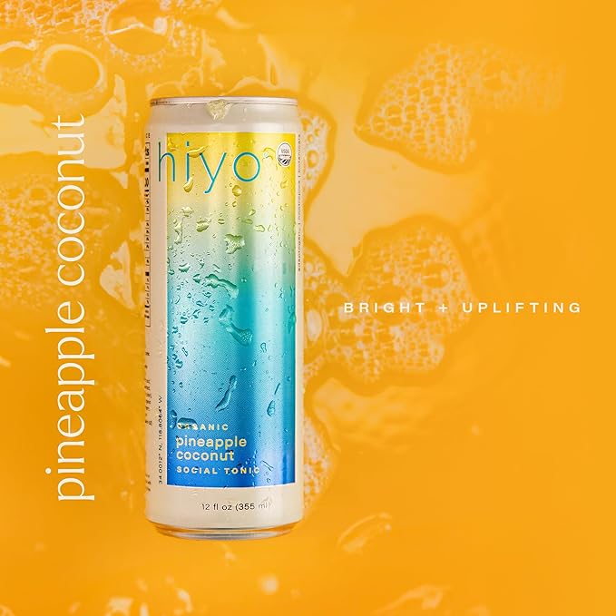 Hiyo Organic Social Tonic - Pineapple Coconut, 12 Pack - N.A. Functional Seltzer, Sparkling Water Crafted with Organic Adaptogens, Nootropics & Botanicals