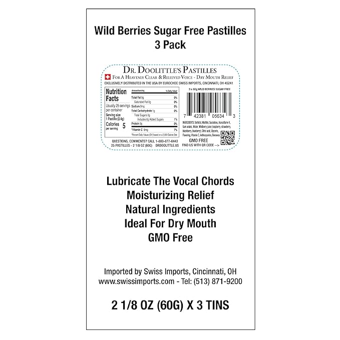 DOOLITTLE Dr Sugar Free Soft Fruit Pastilles for Voice and Throat Gift Set, Wild Berries Flavor, 2.12 Ounce Tin, Approximately 25 Count Package, 3 Tin