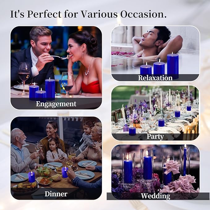 KONNI Classic Blue Pillar Candles Set of 3, 3"x 3" Unscented Pillar Candles Bulk, 30 Hours Long Burning Candles, Smokeless&Dripless Large Round Candle for Wedding, Home Decoration, Parties, Spas