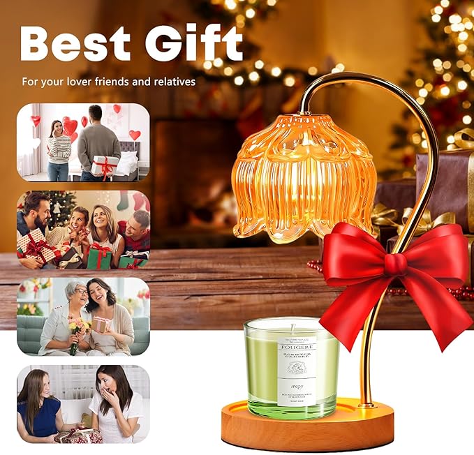 GEEZO Fragrance Candle Warmer Lamp with 2 Bulbs Electric Candle Warmer with Timer & Dimmer for Home Decor Wax Melt for Small Large Size Jar Candles Retro Wooden Base