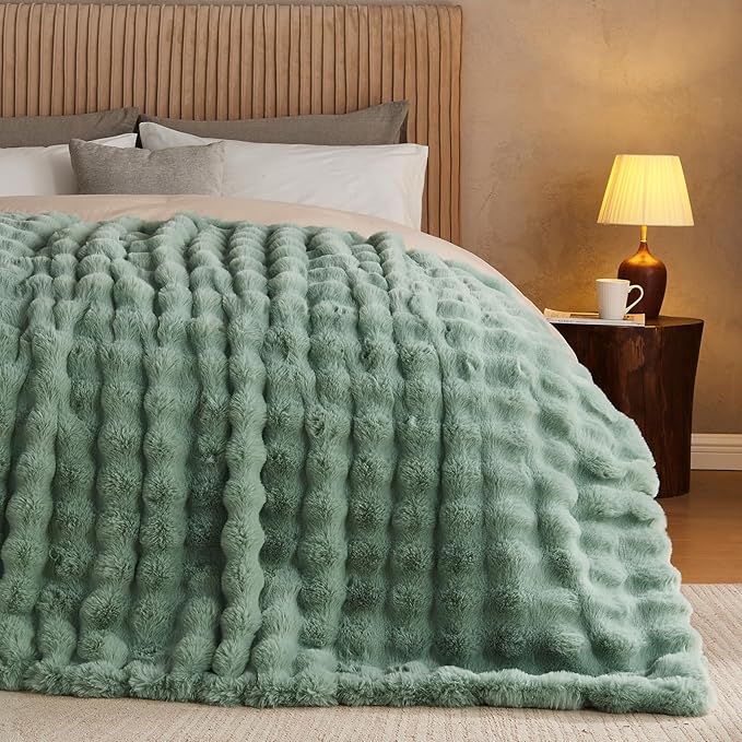 Lotus Karen Faux Fur Throw Blanket Sage Green - Big Bubble Rabbit Fluff Blanket for Couch Bed Sofa,Softest Fluffy Fuzzy Cozy Blanket,Plush Thick Furry Shaggy Warm Blankets for Women,108x90 Inches