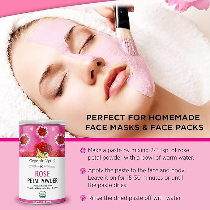 Organic Veda Edible Rose Petal Powder - Organic Rose Petal Powder for Cooking, Herbal Tea, Smoothies, Toppings - Natural Rose Petal Powder for DIY Face Masks, Skin & Hair Care - Vegan, No Gluten - 7oz