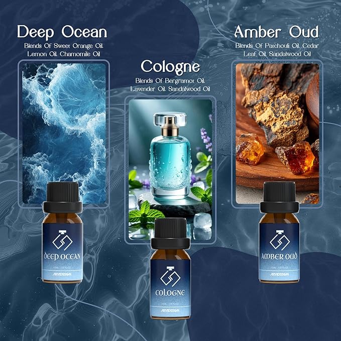 ARVIDSSON Cologne Fragrance Oils Set, Essential Oils for Diffuser | Deep Ocean, Cologne, Amber Oud, Tobacco Vanilla, Man Cave, Midnight Musk, Diffuser Oil Scents for Candle Making, Soap Making