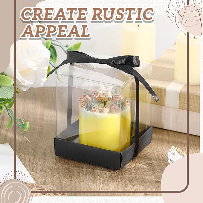 Cunno 36 Set 3.5 x 3.5 x 4.3 in Candle Package Transparent Gift Box 4-18 oz Handmade Tealight Candle Holder Bulk Paper Bottom Ribbon for Wedding Baby Shower Party Mug Cake Wine Glasses(Black)