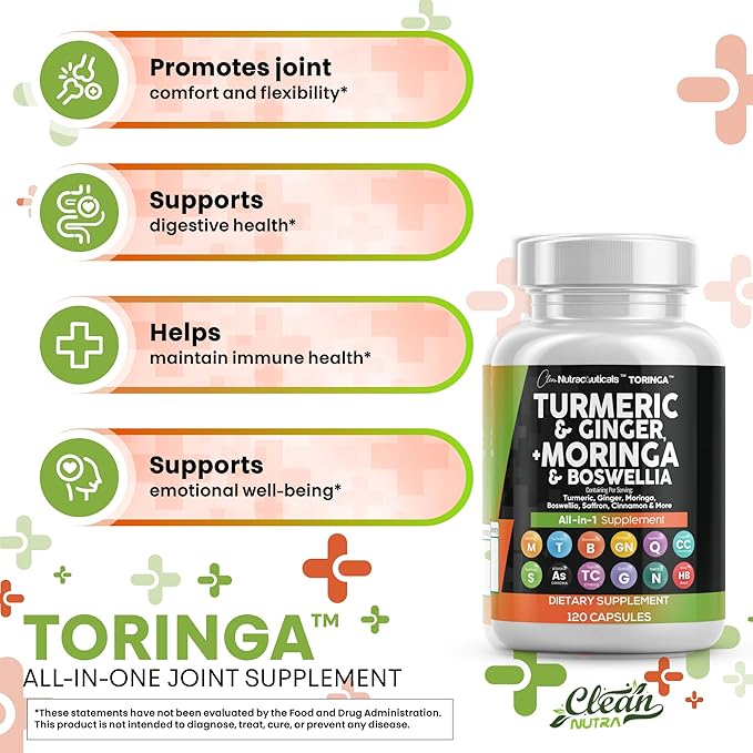 Clean Nutraceuticals Turmeric Moringa Supplement | Ginger Boswellia Saffron - Supplement for Women and Men with Ceylon Cinnamon, Tart Cherry, Quercetin Garlic Nettle Holy Basil - 1Pack