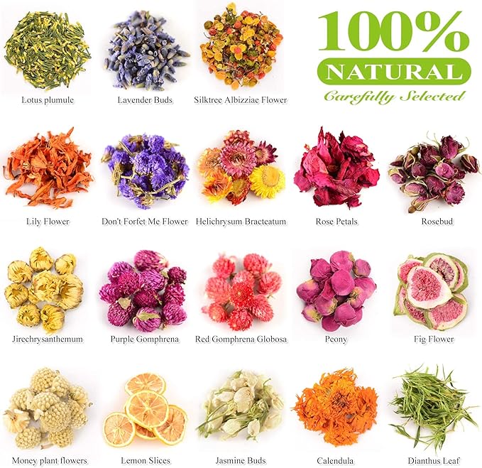 Dried Flowers, 40 Bags 100% Natural Dry Flower Herbs Kit for Soap, DIY Candle, Bath, Resin Jewelry Making Include Lavender, Don't Forget Me, Lily, Rose Petals, Jasmine and More