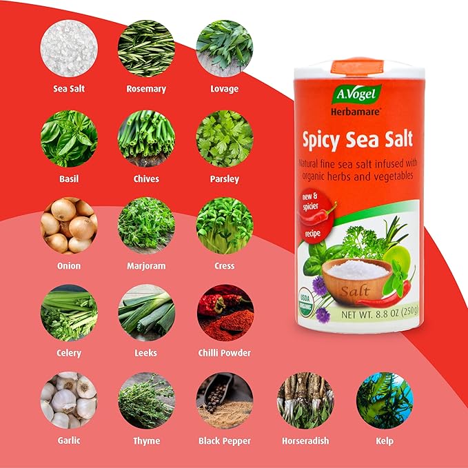 A. Vogel Herbamare Seasoned Spicy Sea Salt - USDA Organic - Seasoning Salt Infused w/ 12 Herbs - 33% Less Sodium - Non-GMO -Gluten Free - Kosher - 8.8 oz