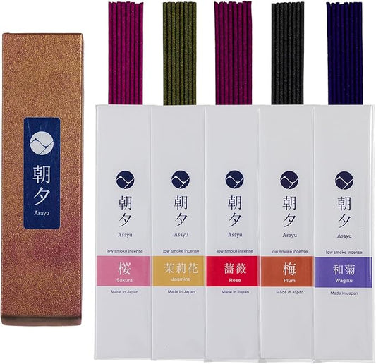 Asayu Japan Incense Sticks Assortment - 5 Floral Fragrances, 20g, 100% Made in Japan Incense Sampler Variety Pack - for Yoga, Zen Meditation & Relaxation