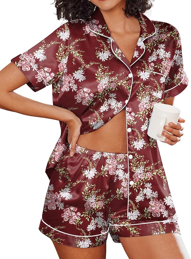 Ekouaer Silk Pajamas for Women Short Sleeve Sleepwear Soft Button Down Loungewear 2 Piece Satin Pjs Shorts Set S-XXL