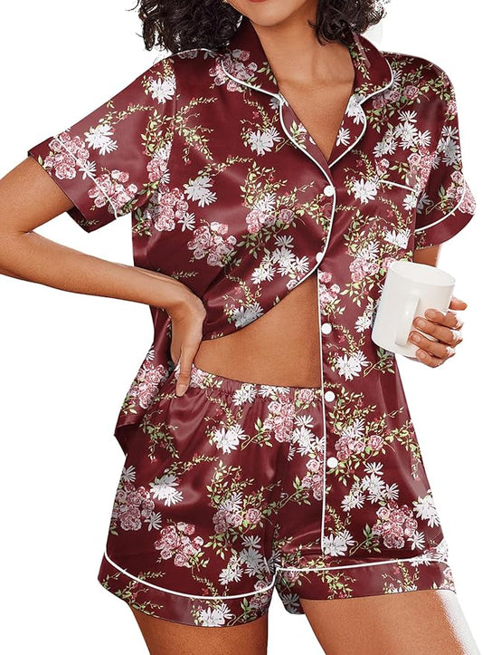 Ekouaer Silk Pajamas for Women Short Sleeve Sleepwear Soft Button Down Loungewear 2 Piece Satin Pjs Shorts Set S-XXL