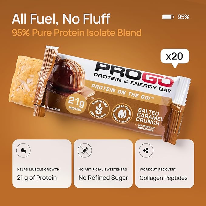 ProGo Protein Bars, Low Sugar, High Protein Snacks (21g) - 95% Pure Isolate for Faster Muscle Growth & Recovery, Low Calorie, Sweetened w/Peanut Butter & Raw Honey (20-Count, Salted Caramel Crunch)