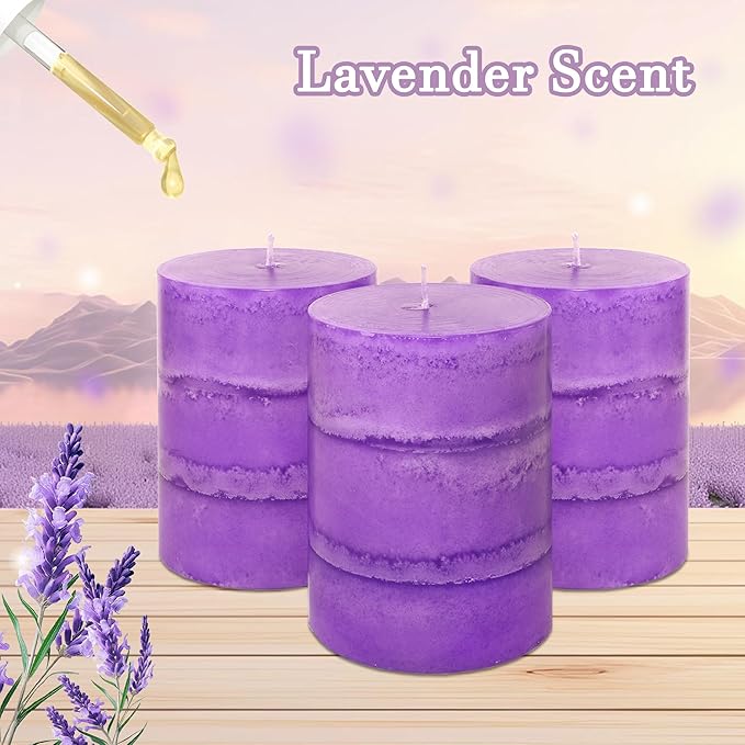 3" x 4" Handmade Pillar Candles Lavender Scented Purple Decorative Modern Aesthetic Long Clean Burning Fragrance Candle for Wedding Spas Meditations Christmas Home Decor,Set of 3