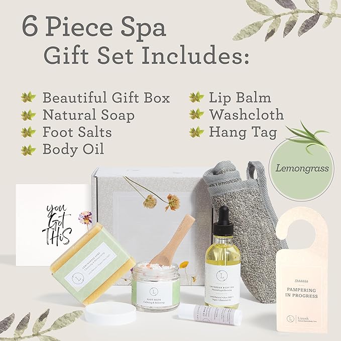 Lizush Lemongrass 6-Piece Spa Gift Set for Women - Relaxing Self-Care Basket, Luxury Handmade Body Care Items for Premium Relaxation - You Got This - Handmade in the USA