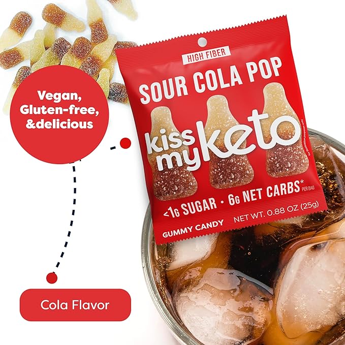 Kiss My Keto Sugar Free Gummies, Sour Cola 32-Pack – Satisfy Cravings while Staying in Ketosis – High Fiber, 6g Net Carbs, Non-GMO, Vegan, & Gluten-Free – Low-Calorie Vegan Candy