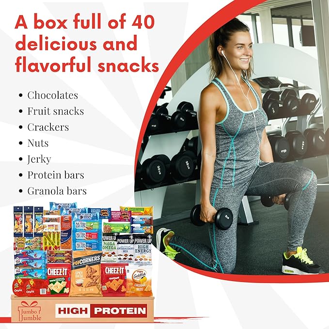 Jumbo Jumble Snack Box (40 Count) Protein Gift Care Package Snacks Variety Pack for Adults Teens Kids Men Women College Office Birthday (Protein Set)