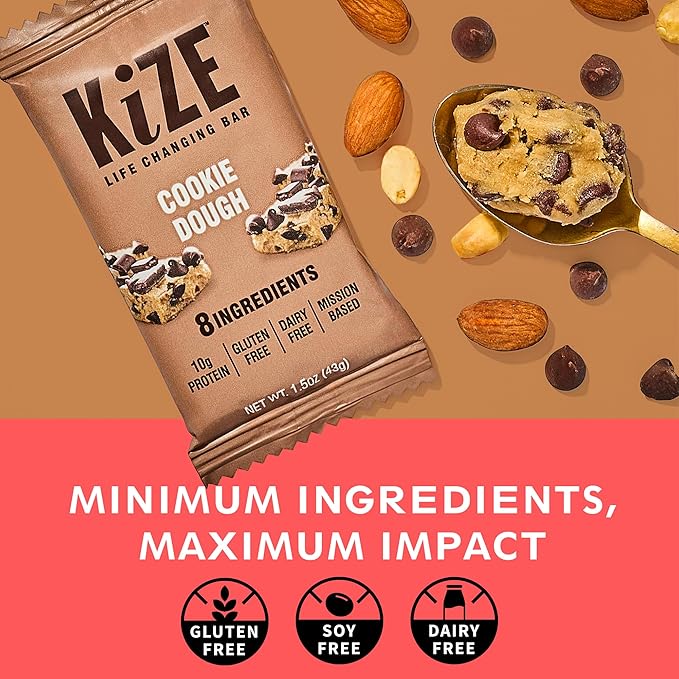 KiZE Energy Bars - Cookie Dough - 20-Count - Gluten Free, Dairy Free, Non-GMO, and High Protein Meal Replacement Energy Bars, Clean and Simple Food Ingredients - 10g High Protein Snacks (20 Count)