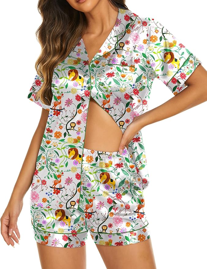 Ekouaer Silk Pajamas for Women Short Sleeve Sleepwear Soft Button Down Loungewear 2 Piece Satin Pjs Shorts Set S-XXL