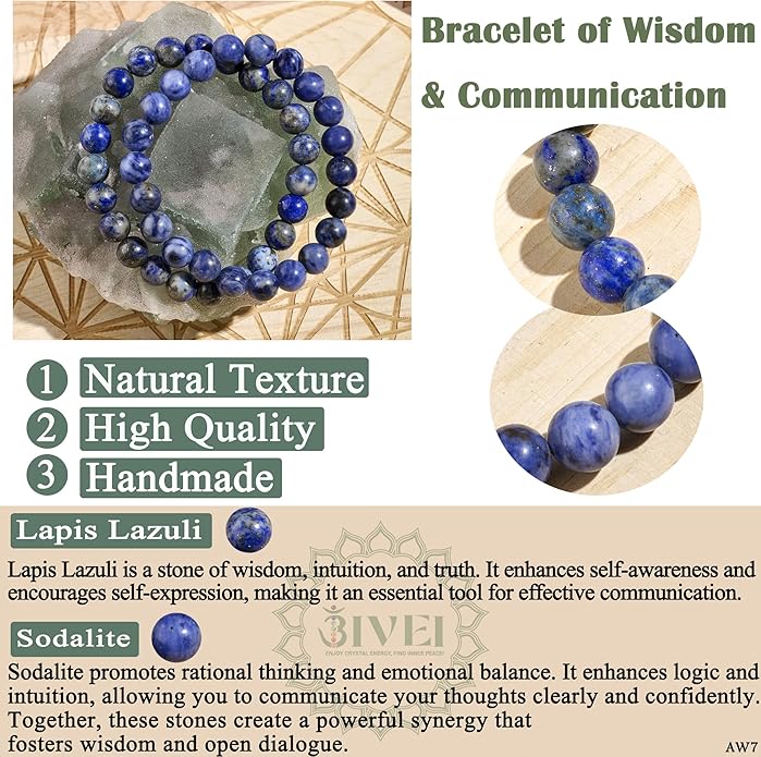 Bivei Natural Gemstone Semi Precious Healing Crystals Handmade Stretchy Round Beads Bracelet, Enhance Positive Energy