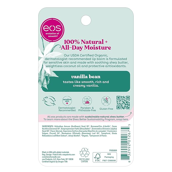 eos 100% Natural & Organic Lip Balm Sticks - Vanilla Bean, All Natural Lip Balm, All-Day Moisture, Dermatologist Recommended, 0.14 oz, 2-Pack