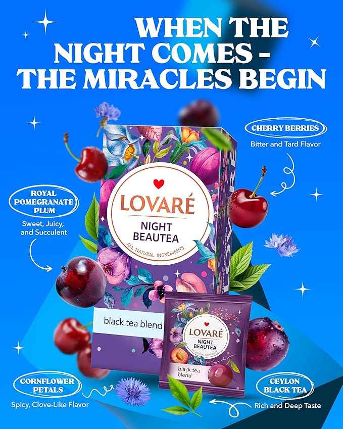 LOVARE Night Beautea Tea Bags 48 g - Made in Ukraine - Ceylon Black Tea, Cherry Berries, Cornflower Petals, Royal Pomegranate Plum - Individually Wrapped - Gift Box for Tea Lovers (24 x 2 g)
