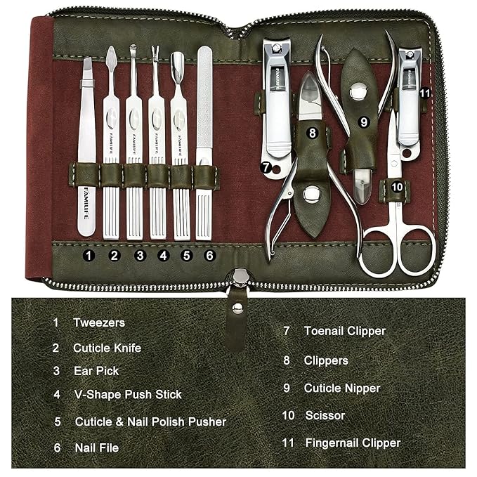 FAMILIFE Manicure Set, Professional Manicure Kit Nail Clippers Set 11 in 1 Stainless Steel Nail Pedicure Tools Kit Grooming Tool with Portable Green Leather Travel Case Luxury Gifts for Women and Men