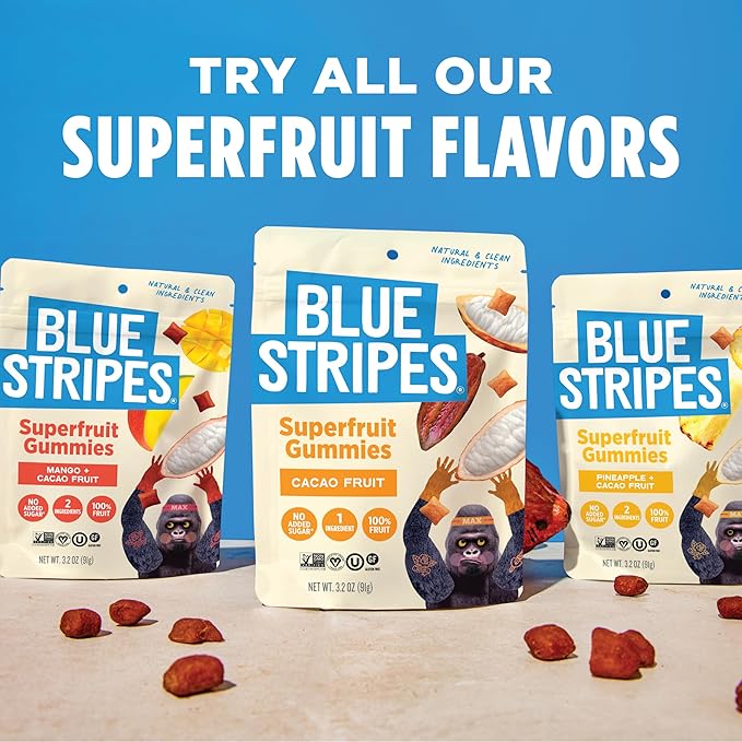 Blue Stripes Cacao Superfruit Gummies - Vegan Chewy Fruity Snack, No Sugar Added 100% Fruit Gummy, 9 Essential Vitamins & Minerals, Natural Tropical Superfood, Use on Granola, Yogurt - 3.2 oz (2 Pack)