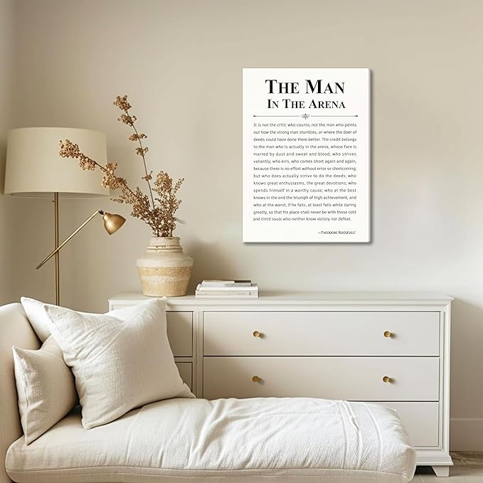 Framed Motivational Wall Decor for Men, The Man in The Arena Office Inspirational Wall Art, Positive Quotes Pictures, Spiritual Canvas Prints, Faith Based Gifts for Living Room, Bedroom 16x24 inch