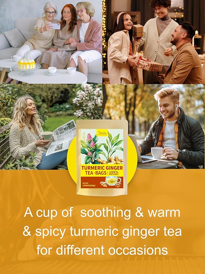 TeeLux Turmeric Ginger Tea Bags, Pure Natural Turmeric Ginger Herbal Tea, Spicy & Smooth Flavor, Caffeine Free, 100 Count